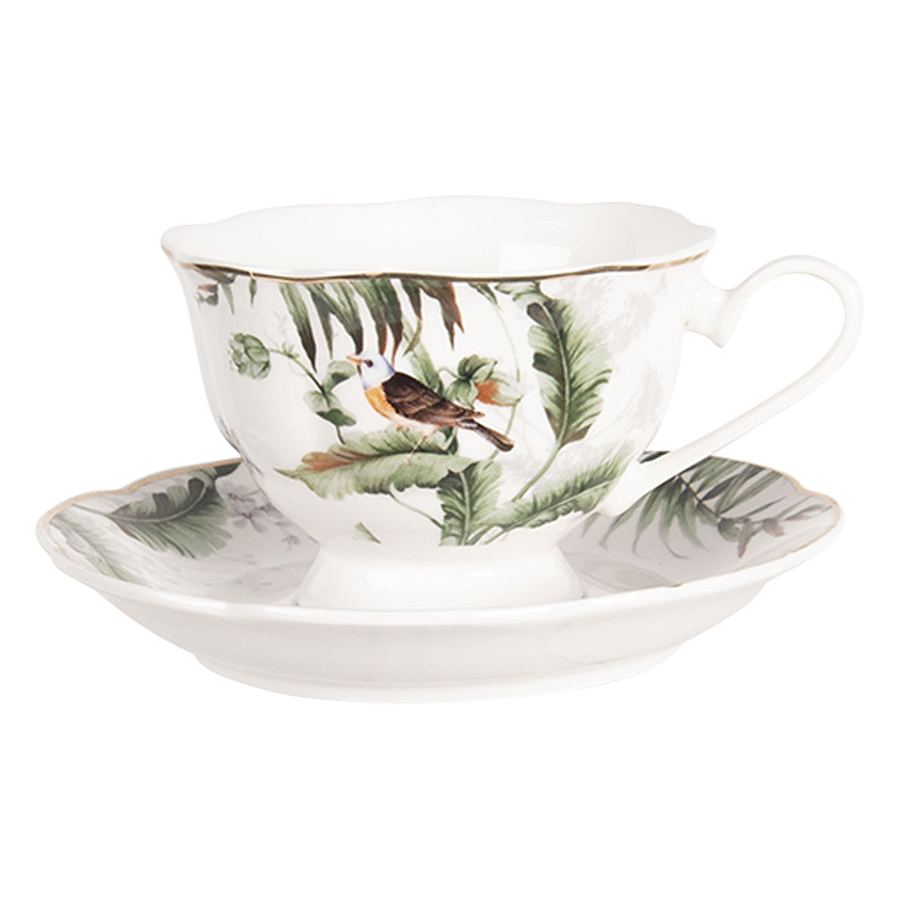 Stoviglie in porcellana, motivo di piante e uccelli in verde e bianco, mix & match