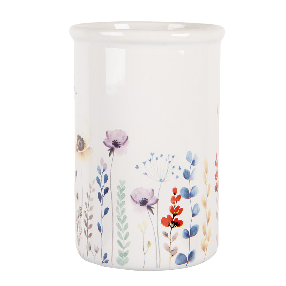 Portaspazzolino con motivo floreale in ceramica bianca