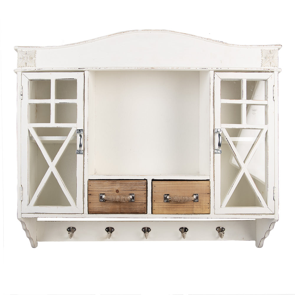 Mobiletto da parete in legno bianco con cassetti e ganci in stile country
