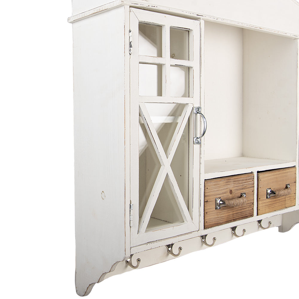 Mobiletto da parete in legno bianco con cassetti e ganci in stile country