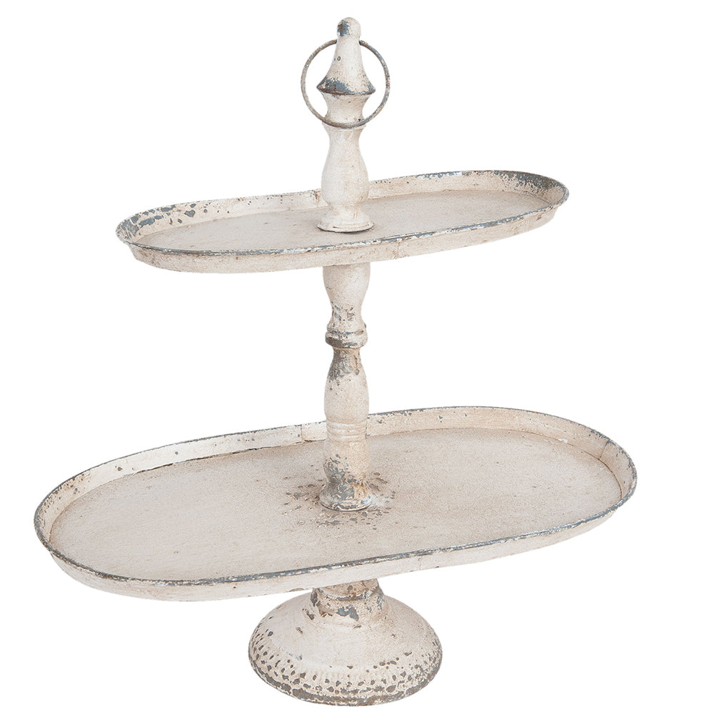 Etagere ovale Shabby Chic a due ripiani in metallo color beige