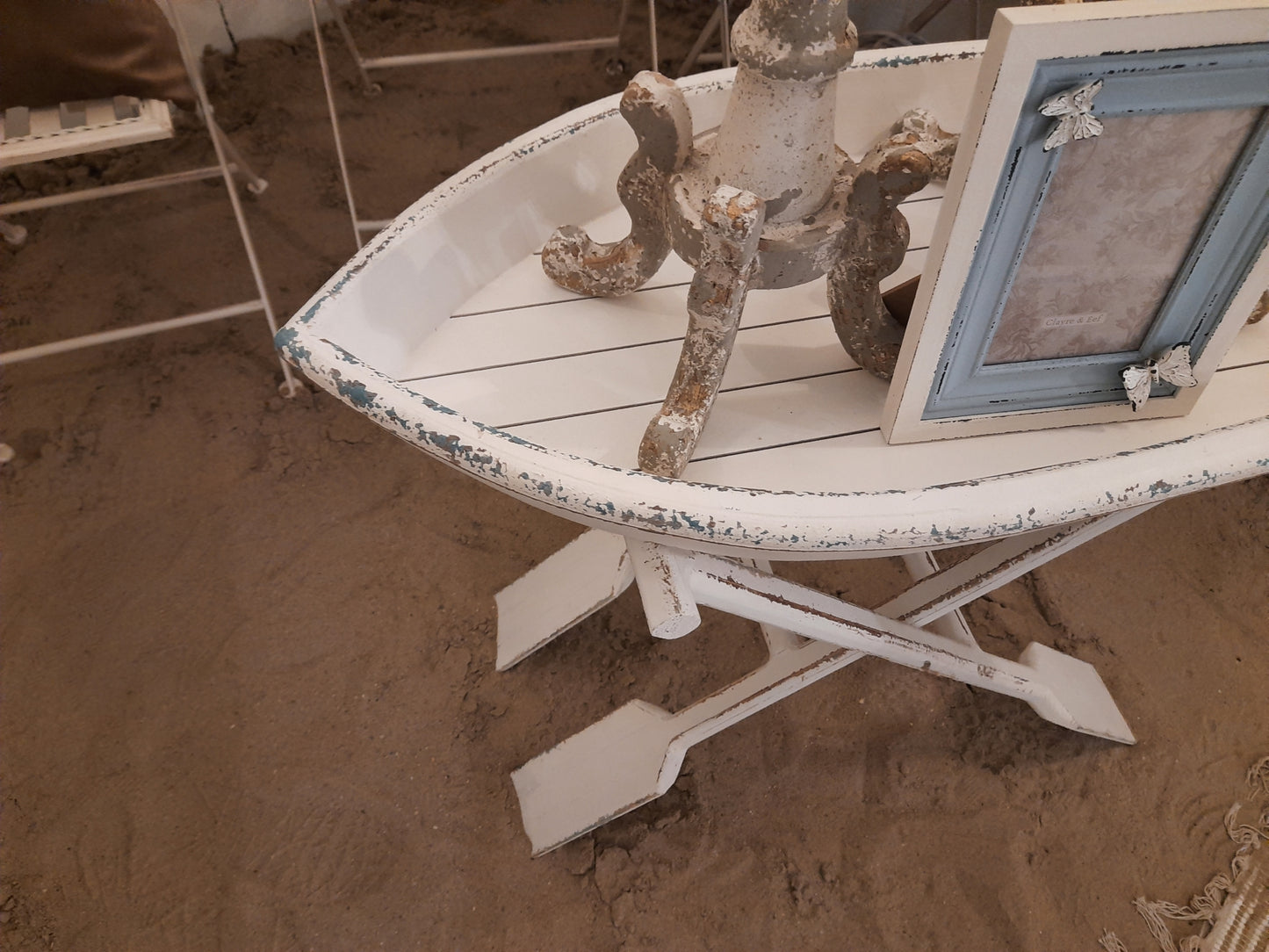 Beistelltisch Holz Weiß Shabby Chic Landhaus Klappbar Boot, Tischchen Clayre&Eef
