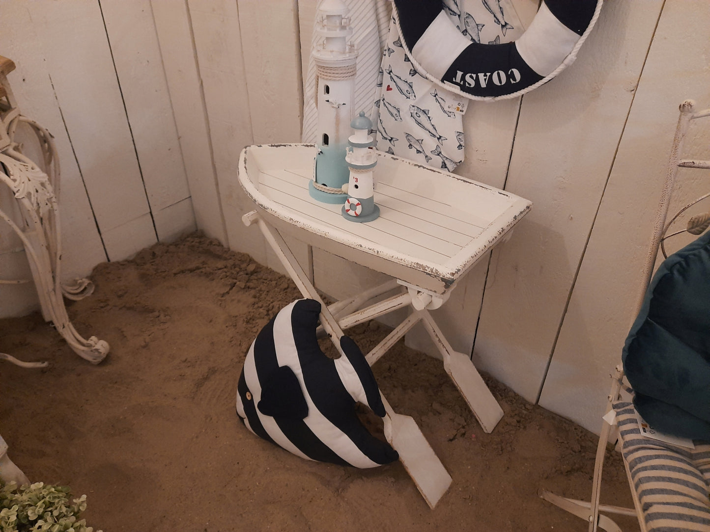 Beistelltisch Holz Weiß Shabby Chic Landhaus Klappbar Boot, Tischchen Clayre&Eef