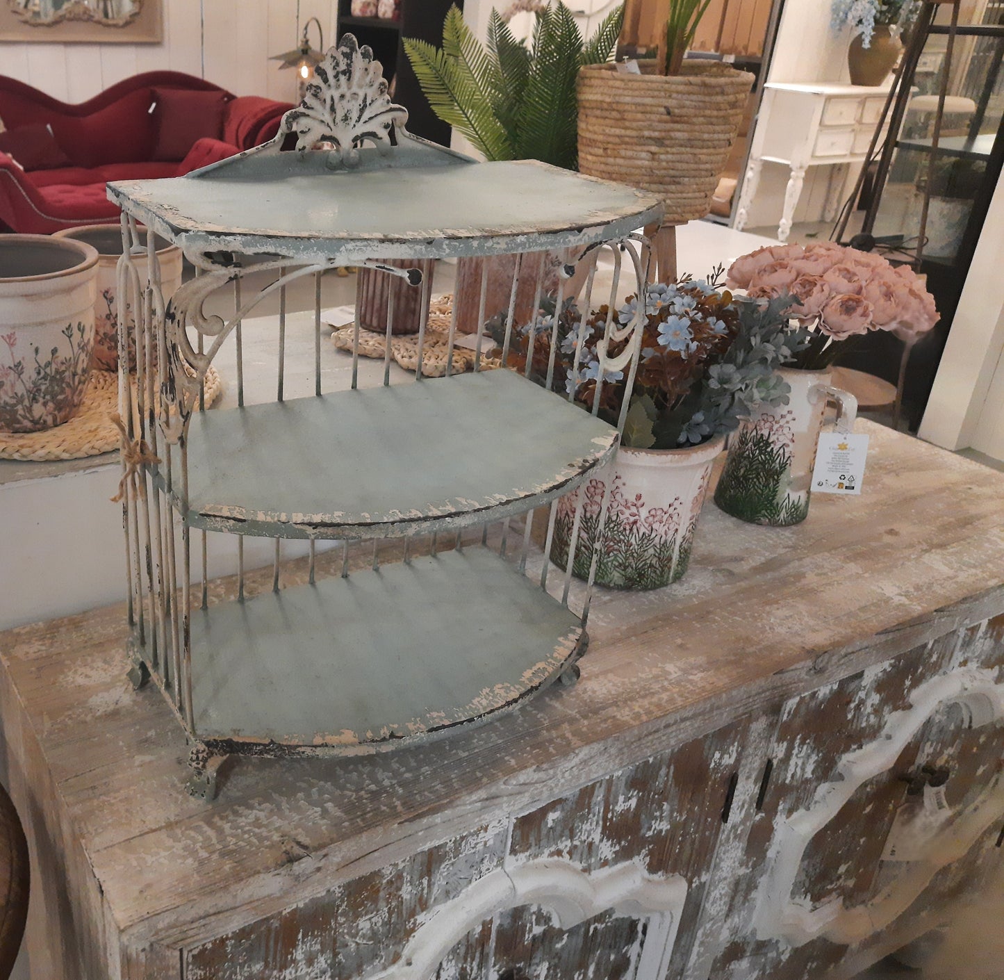 Shabby Chic Regal aus Metall in Grün-Beige
