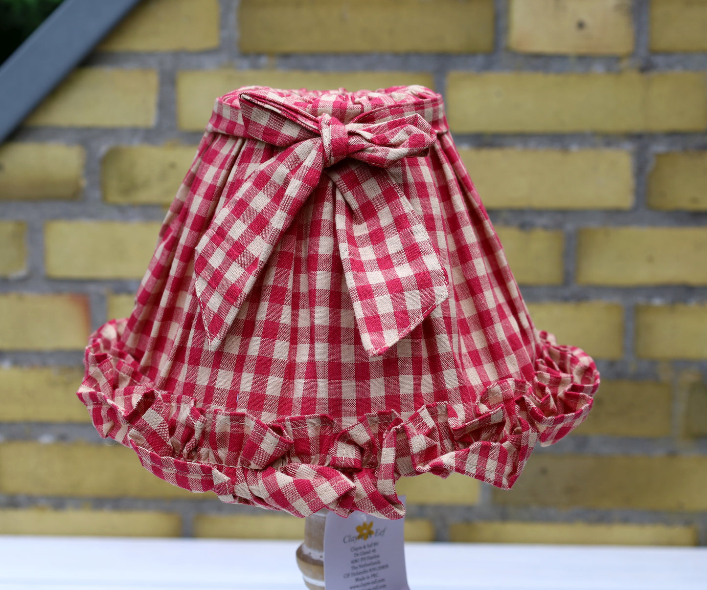 Paralume in cotone con motivo a quadri rosso-beige