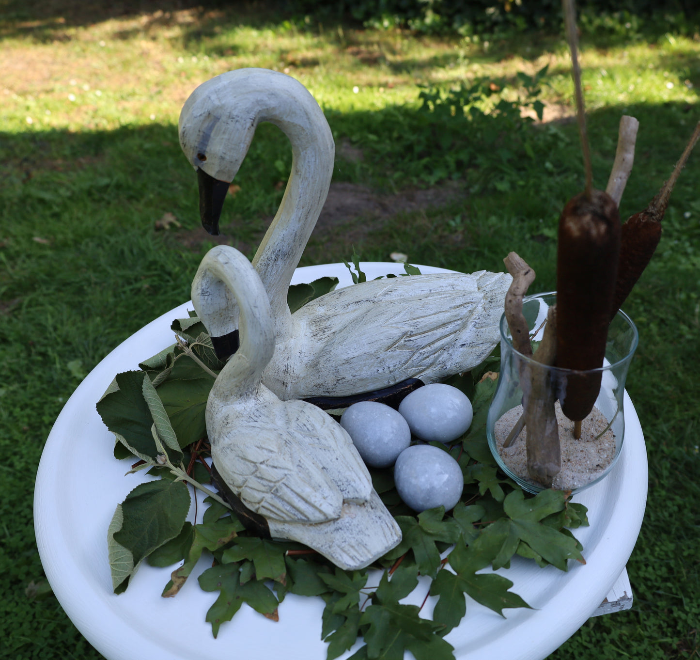 Grande coppia di cigni / cigni in legno, decorazione per matrimonio