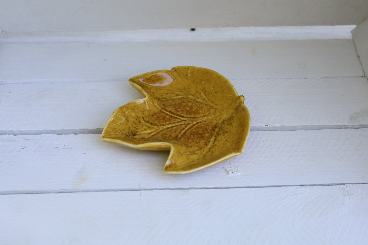 Piccola ciotola decorativa in ceramica a forma di foglia di colore giallo