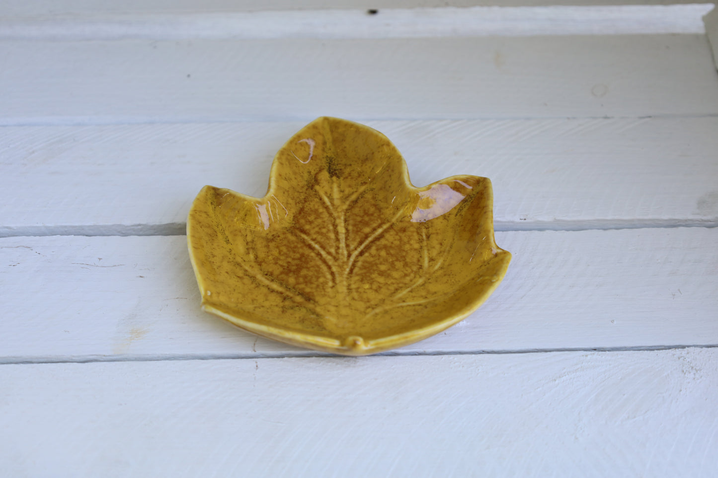 Piccola ciotola decorativa in ceramica a forma di foglia di colore giallo