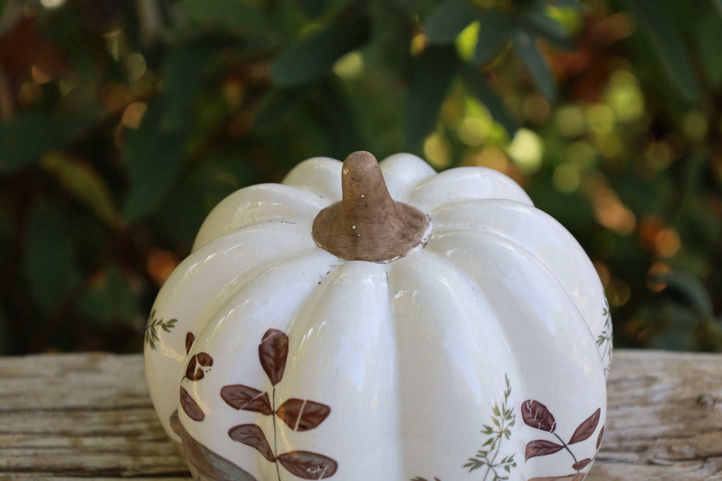 Zucca in ceramica con motivo a fungo autunnale in beige-marrone