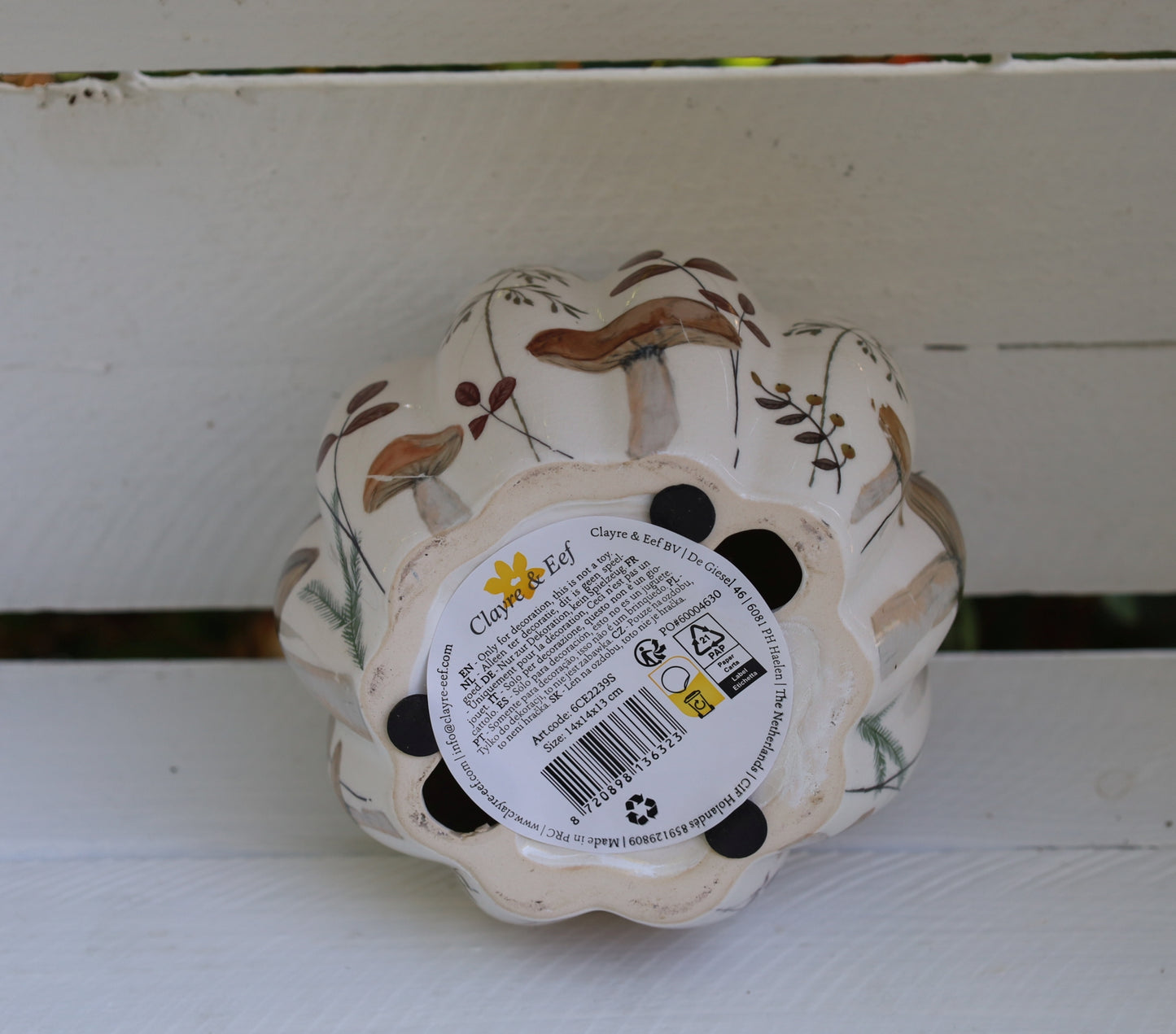 Zucca in ceramica con motivo a fungo autunnale in beige-marrone
