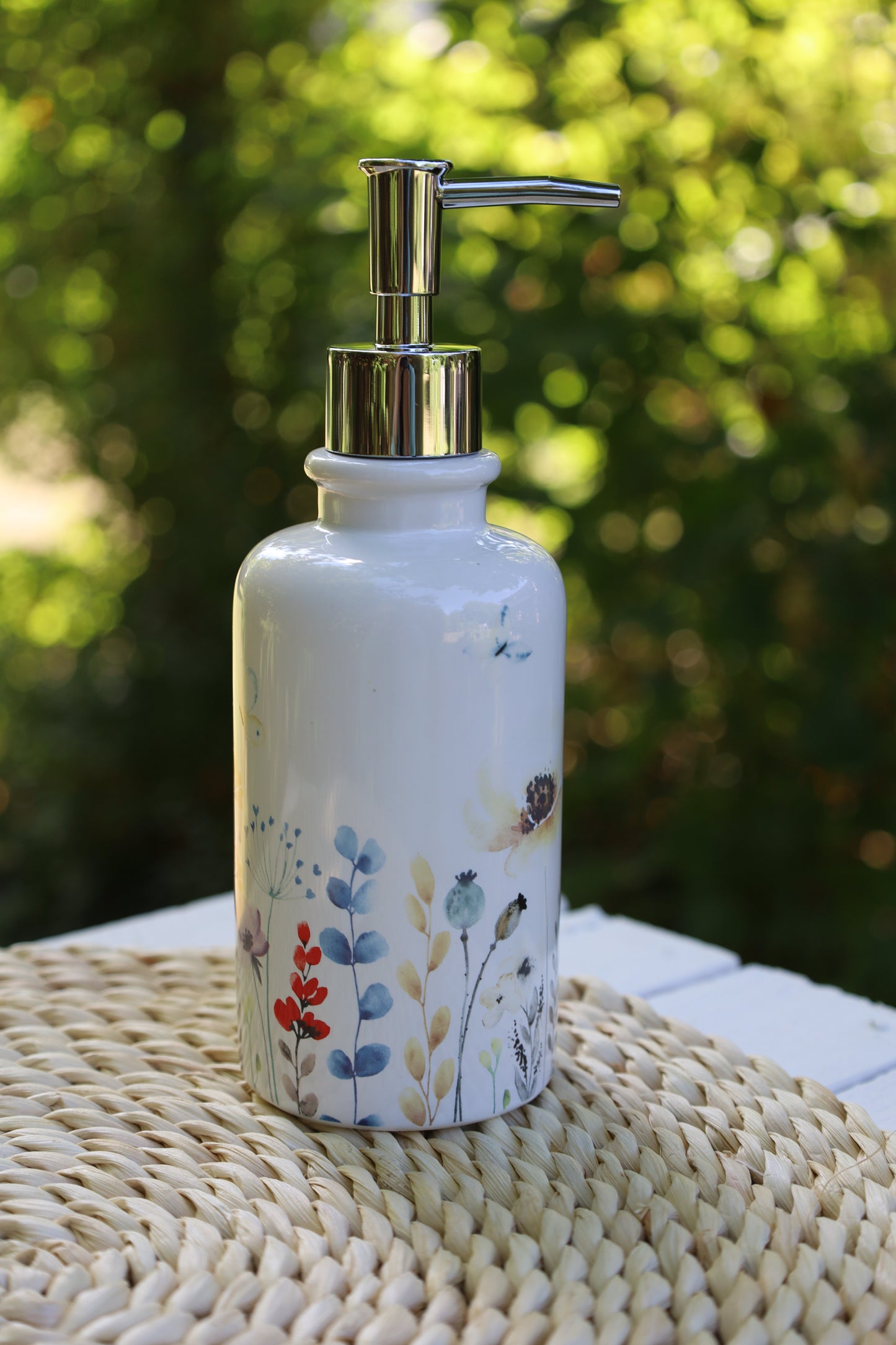Dispenser di sapone con motivo floreale in ceramica