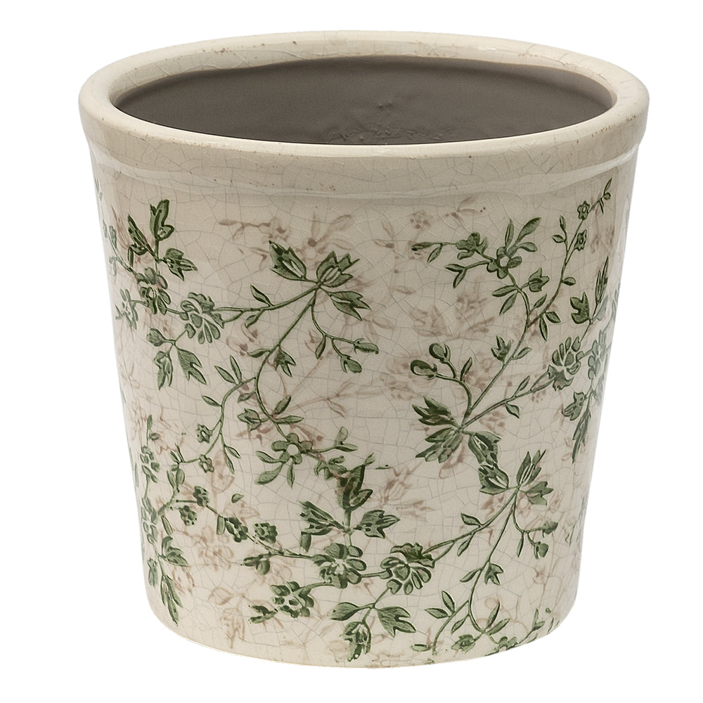 Blumentopf / Übertopf aus Keramik in Grün-Beige für Innen mit Rankenmotiv