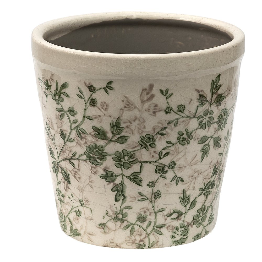 Blumentopf / Übertopf aus Keramik in Grün-Beige für Innen mit Rankenmotiv