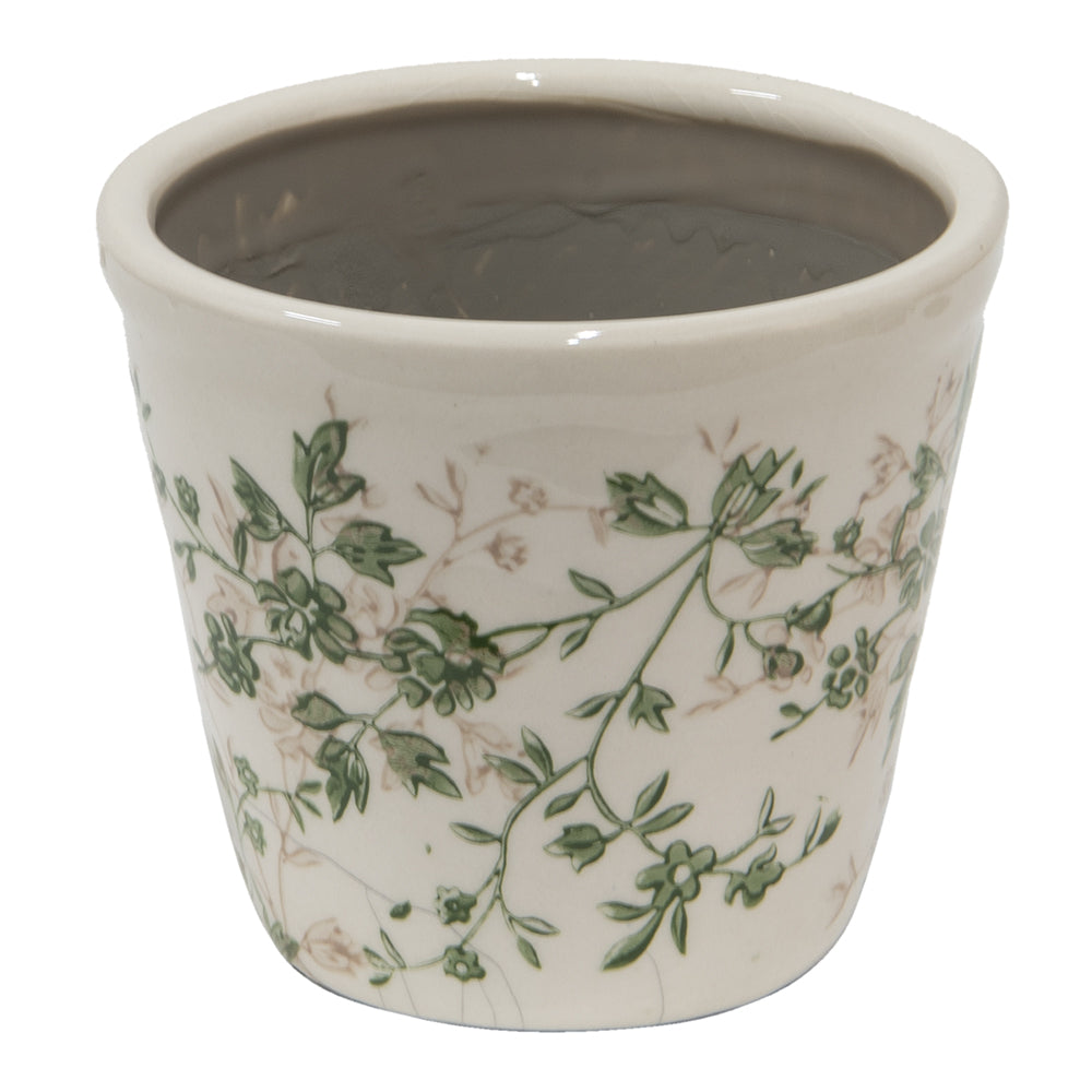 Blumentopf / Übertopf aus Keramik in Grün-Beige für Innen mit Rankenmotiv