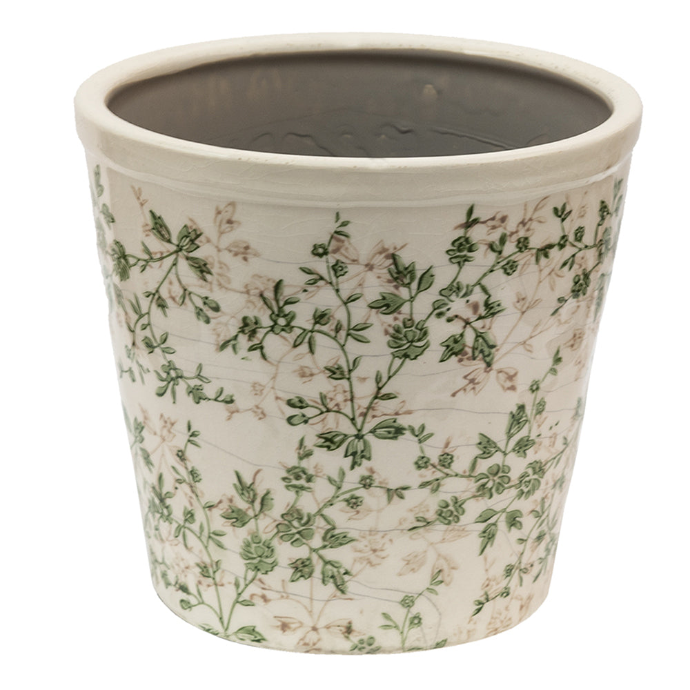 Blumentopf / Übertopf aus Keramik in Grün-Beige für Innen mit Rankenmotiv