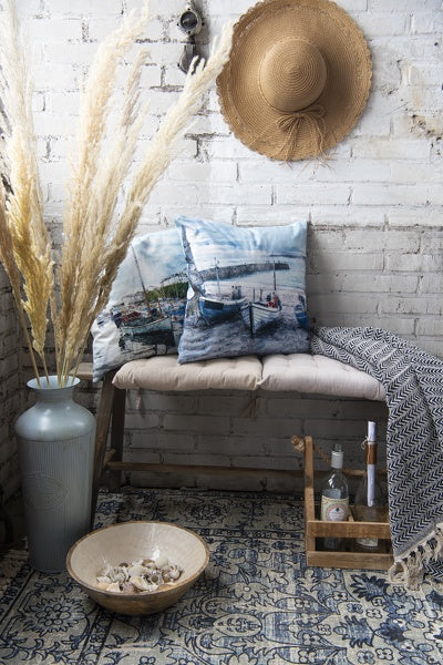Plaid/coperta in 100% cotone nei colori blu e bianco