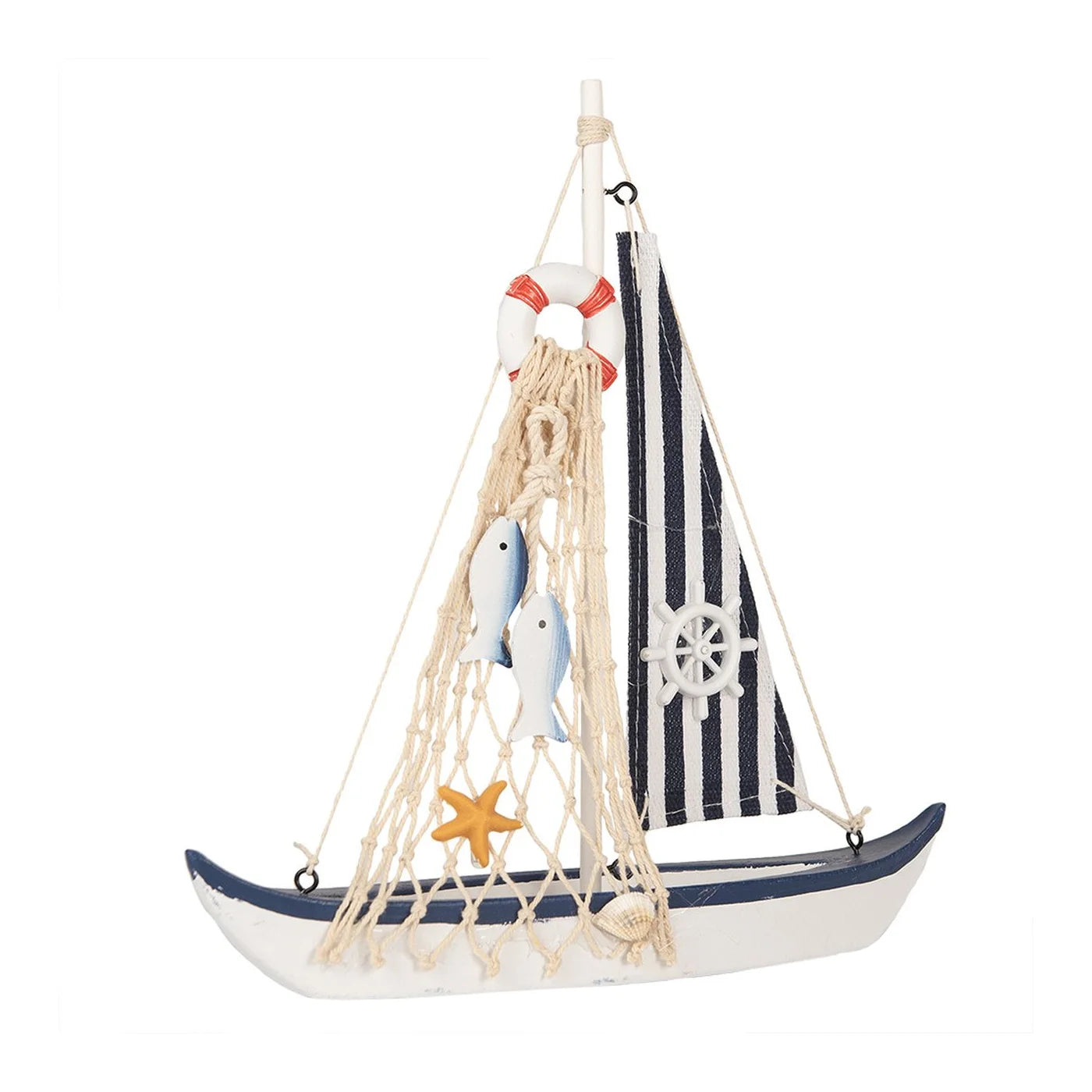 Barca a vela decorativa in blu e bianco, decorazione per casa di campagna marittima