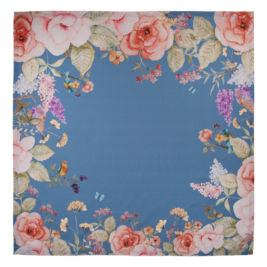 Tovaglia blu in 100% cotone con motivo floreale estivo