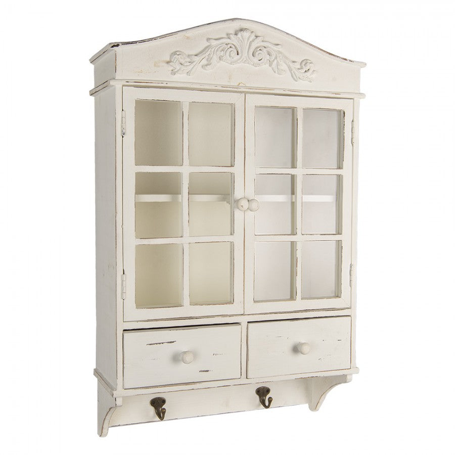 Mobiletto da parete in legno Shabby Chic bianco, con cassetti e ganci