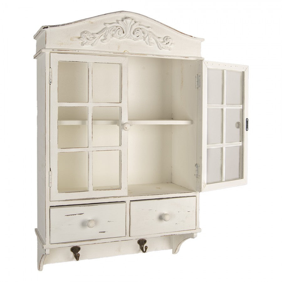Mobiletto da parete in legno Shabby Chic bianco, con cassetti e ganci