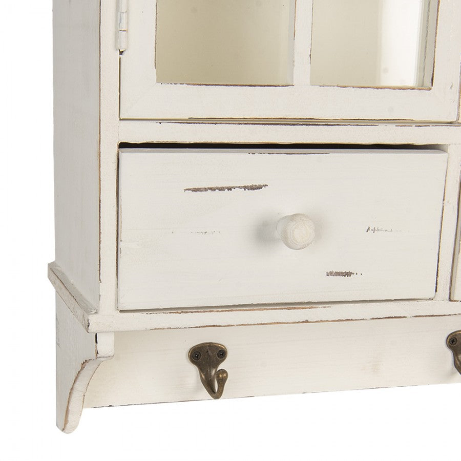 Mobiletto da parete in legno Shabby Chic bianco, con cassetti e ganci