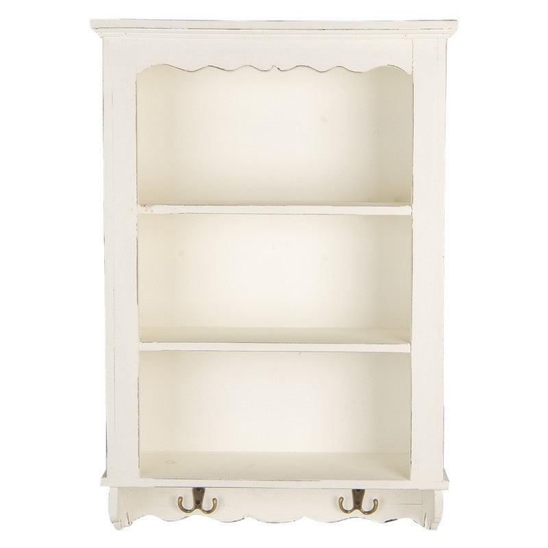 Shabby Chic wooden wall shelf in cream-white with hooks