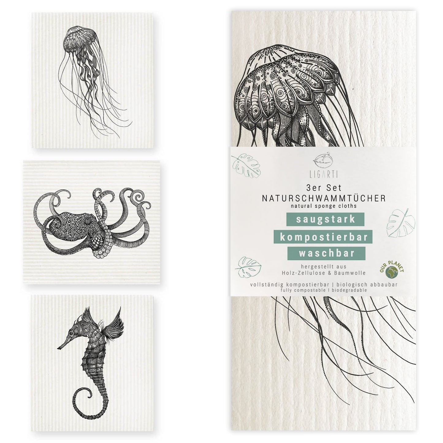 Panno spugna Zero Waste Underwater, 100% cotone/legno organico, compostabile