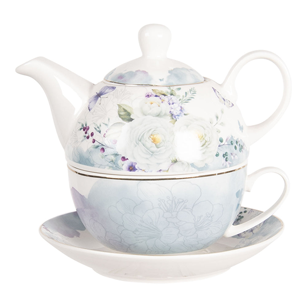 Stoviglie in porcellana, fiori e farfalle pastello blu-bianco, mix &amp; match