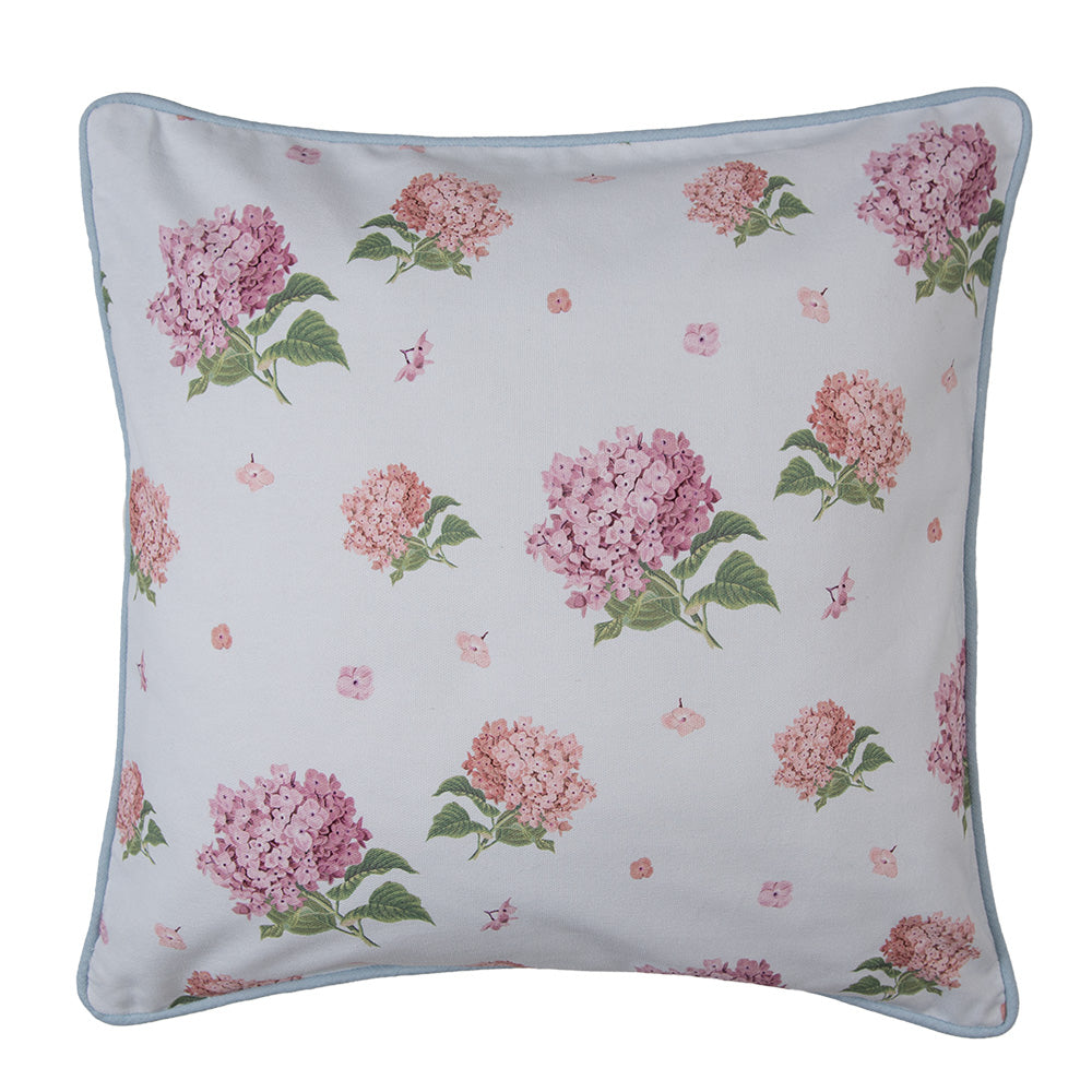 Copricuscino/federa in 100% cotone, blu con ortensie rosa