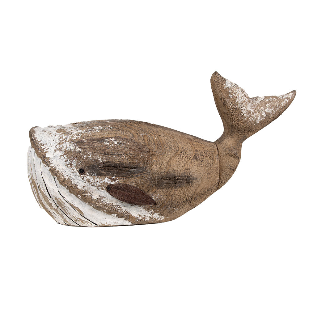Grande balena in legno marrone e bianco, decorazione estiva marittima