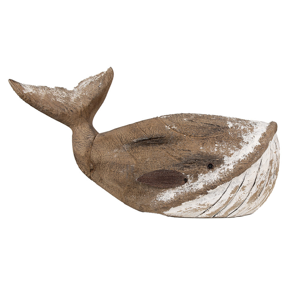 Grande balena in legno marrone e bianco, decorazione estiva marittima