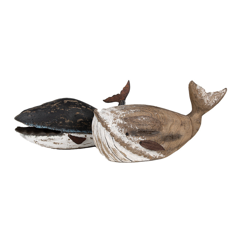 Scultura di balena in legno, balenottera azzurra