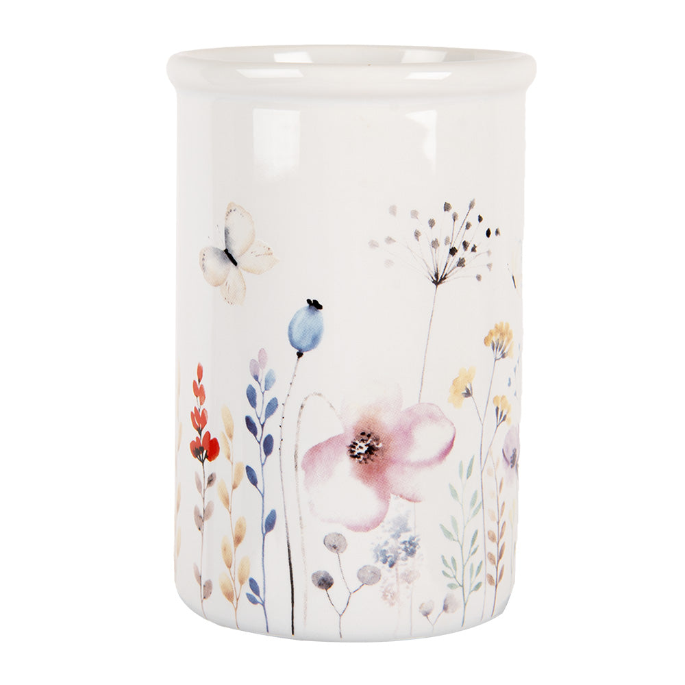 Toothbrush holder with floral motif made of ceramic in white