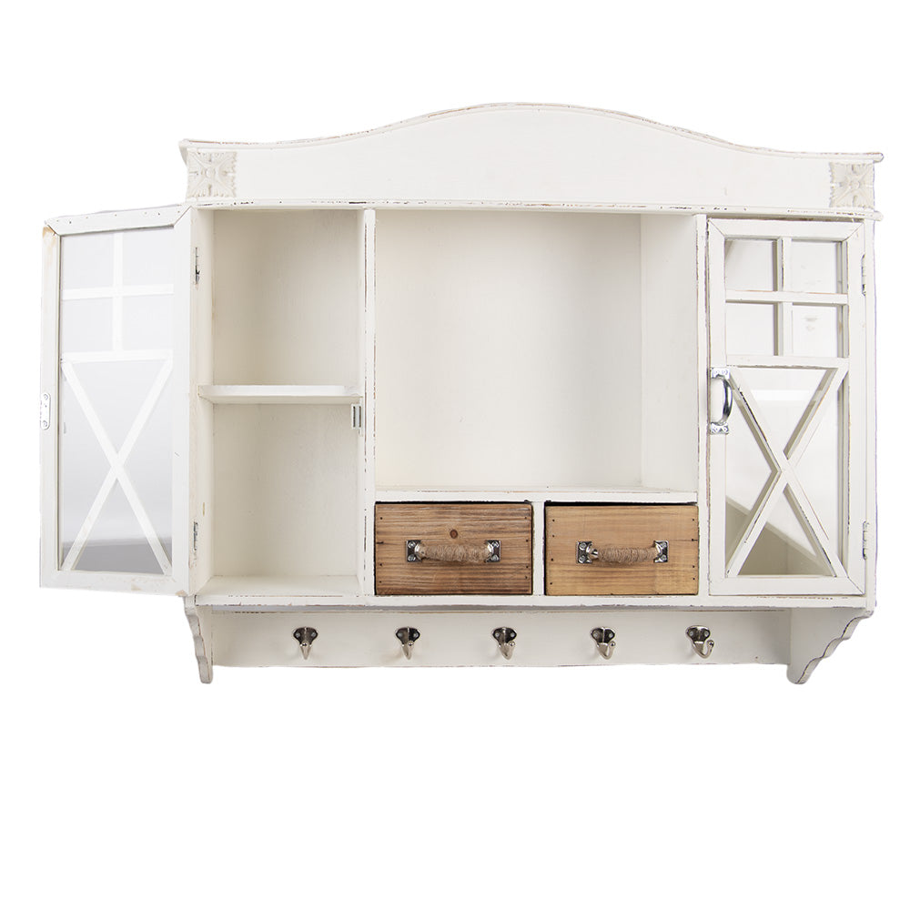 Mobiletto da parete in legno bianco con cassetti e ganci in stile country