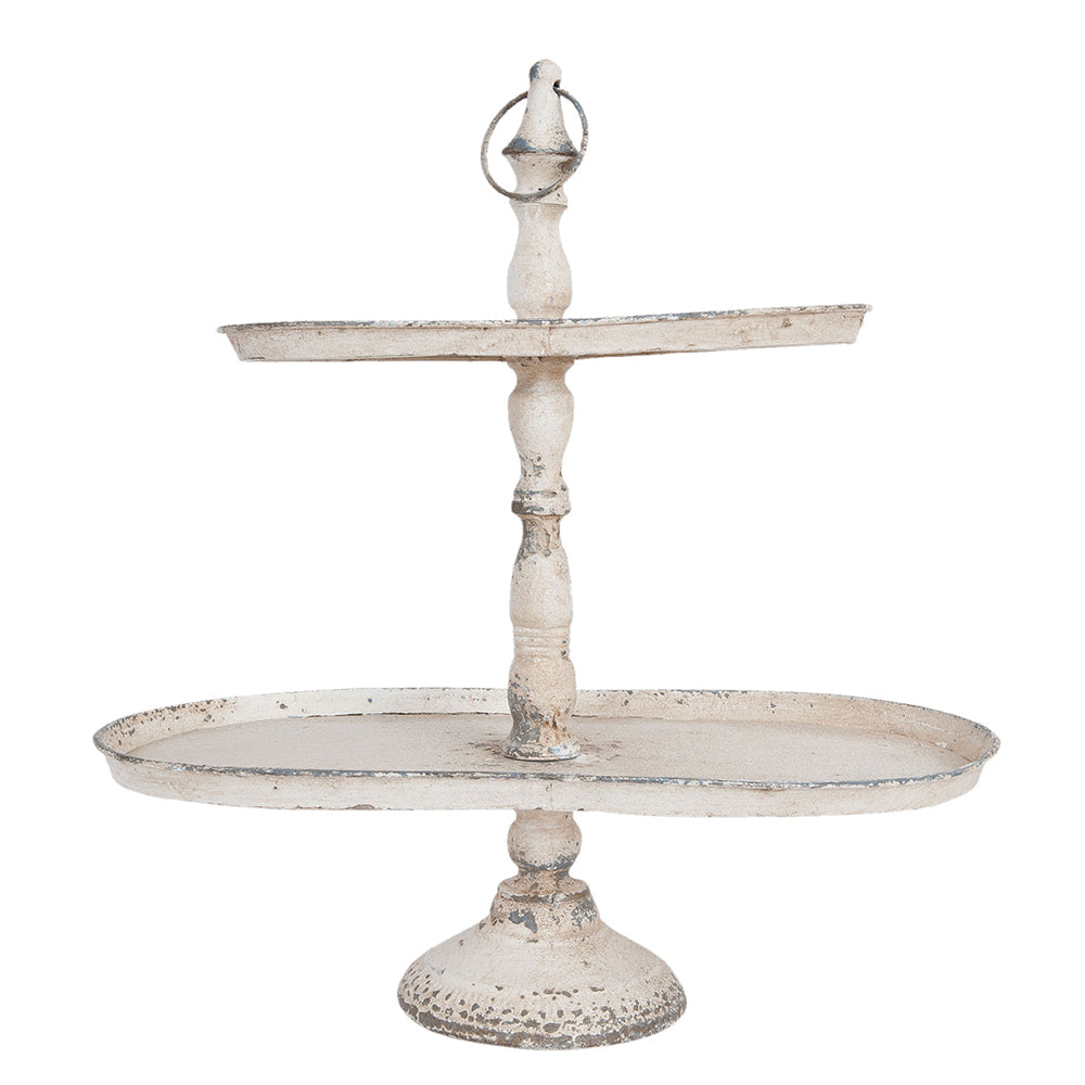 Etagere ovale Shabby Chic a due ripiani in metallo color beige