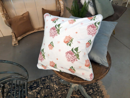 Copricuscino/federa in 100% cotone, blu con ortensie rosa