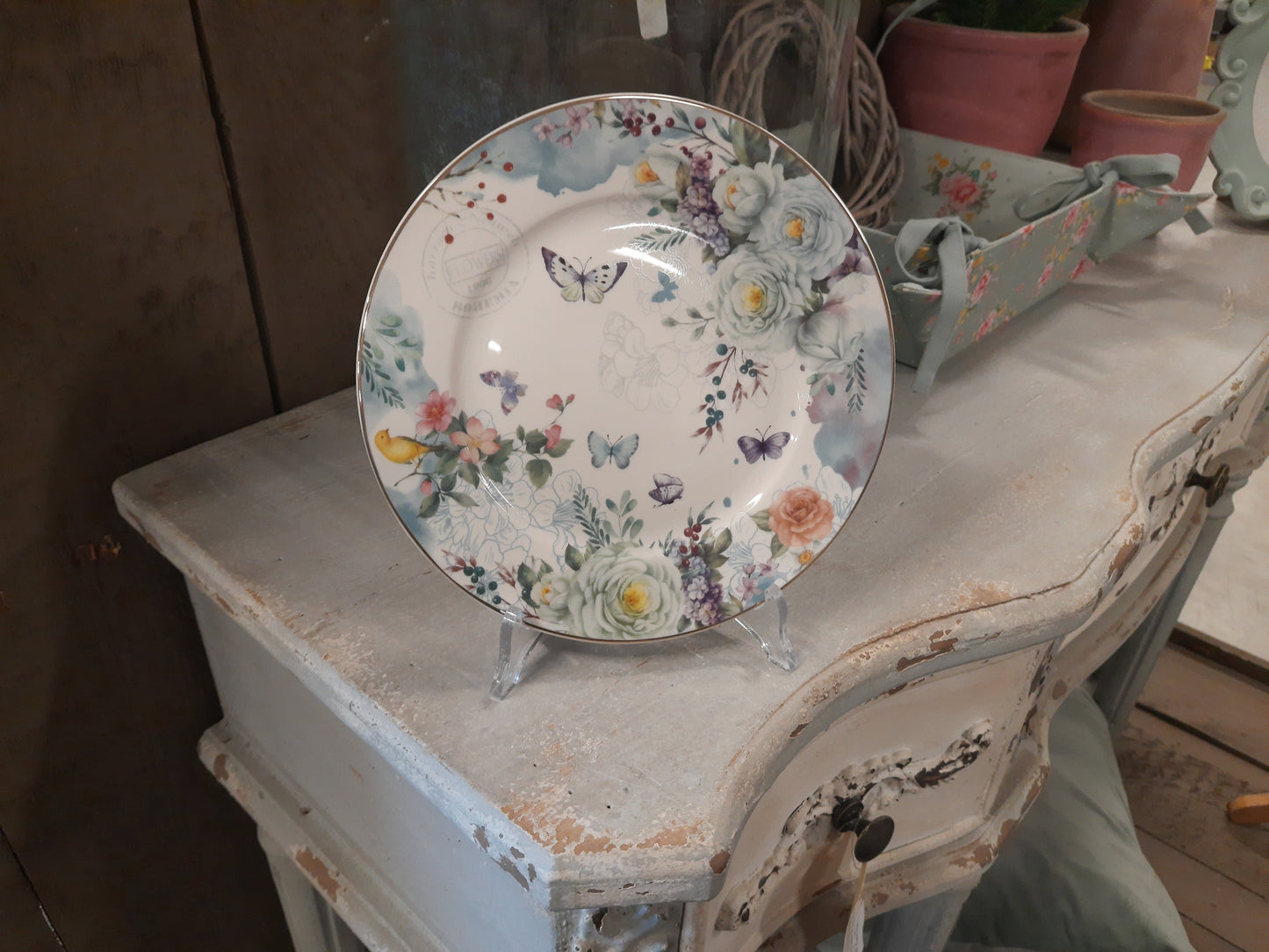 Stoviglie in porcellana, fiori e farfalle pastello blu-bianco, mix &amp; match