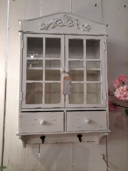 Mobiletto da parete in legno Shabby Chic bianco, con cassetti e ganci