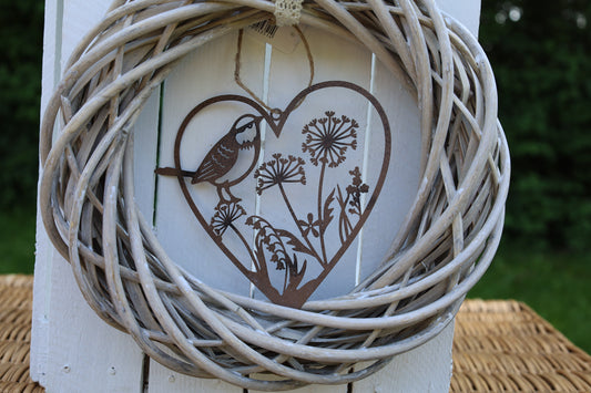 Anhänger: Herz Vogel + Blume aus Edelrost