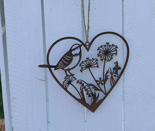 Anhänger: Herz Vogel + Blume aus Edelrost