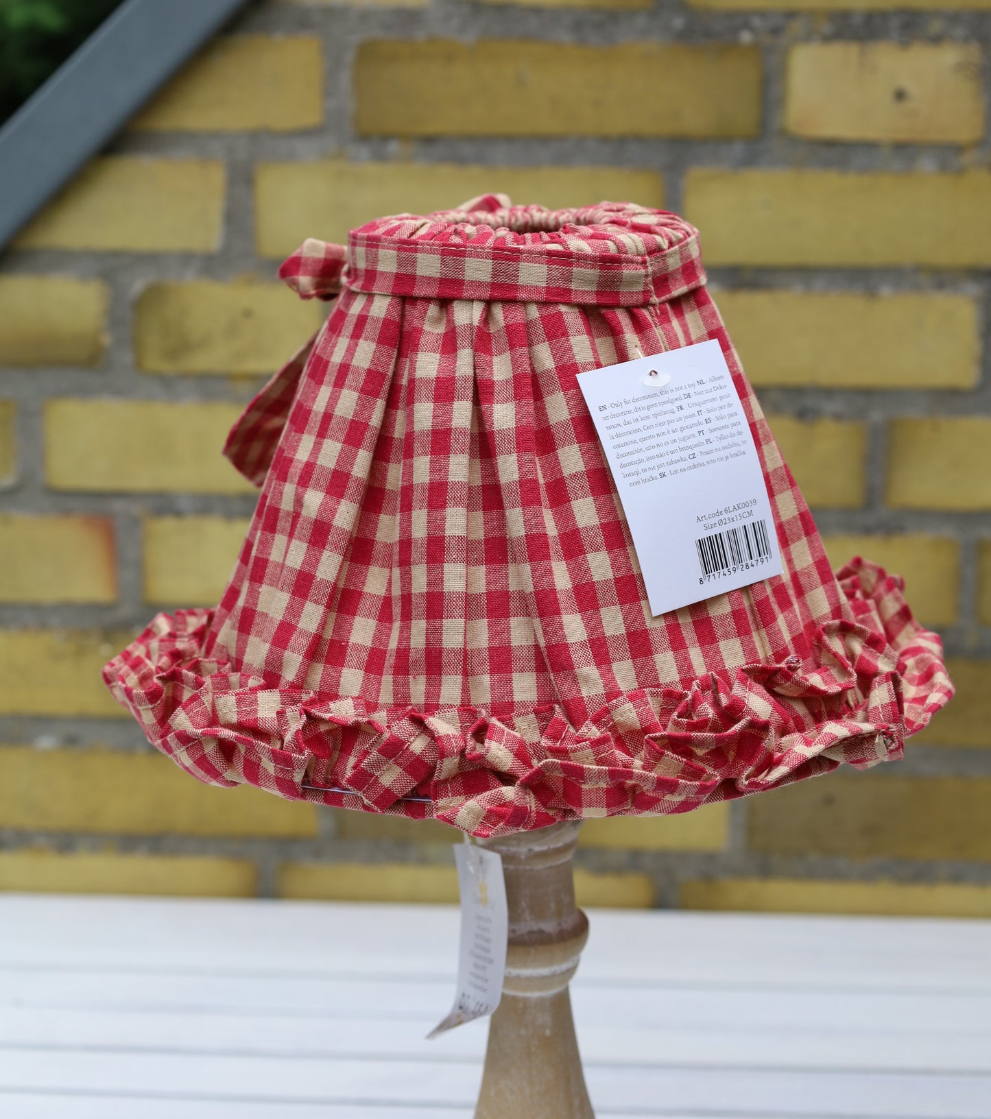 Paralume in cotone con motivo a quadri rosso-beige