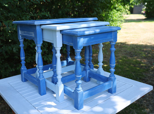 Beistelltische aus Holz in Blau mit maritimen Motiven, 3er Set im Shabby Chic Stil