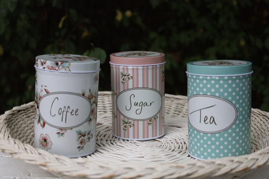 Set di 3 contenitori per la conservazione: tè, zucchero, caffè in alluminio