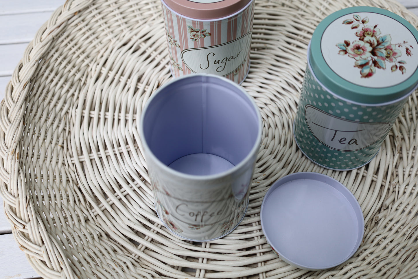 Set di 3 contenitori per la conservazione: tè, zucchero, caffè in alluminio
