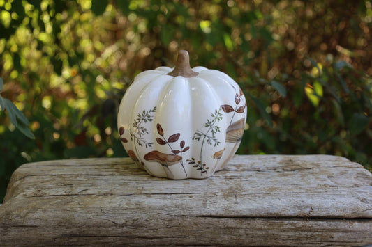 Zucca in ceramica con motivo a fungo autunnale in beige-marrone 