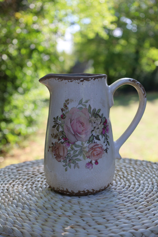 Brocca decorativa con motivo a rosa in stile cottage in ceramica