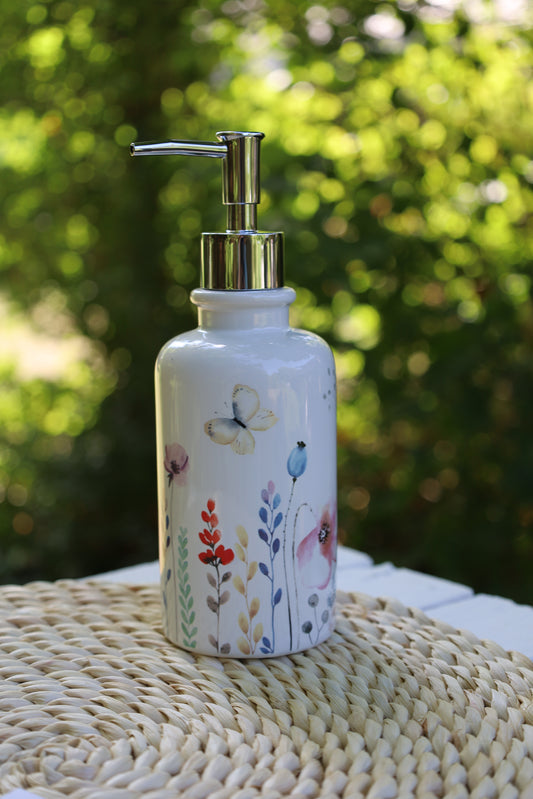 Dispenser di sapone con motivo floreale in ceramica