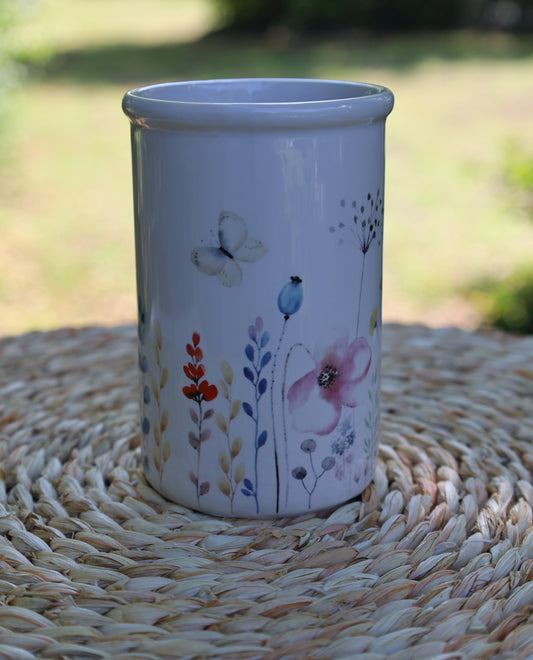 Portaspazzolino con motivo floreale in ceramica bianca