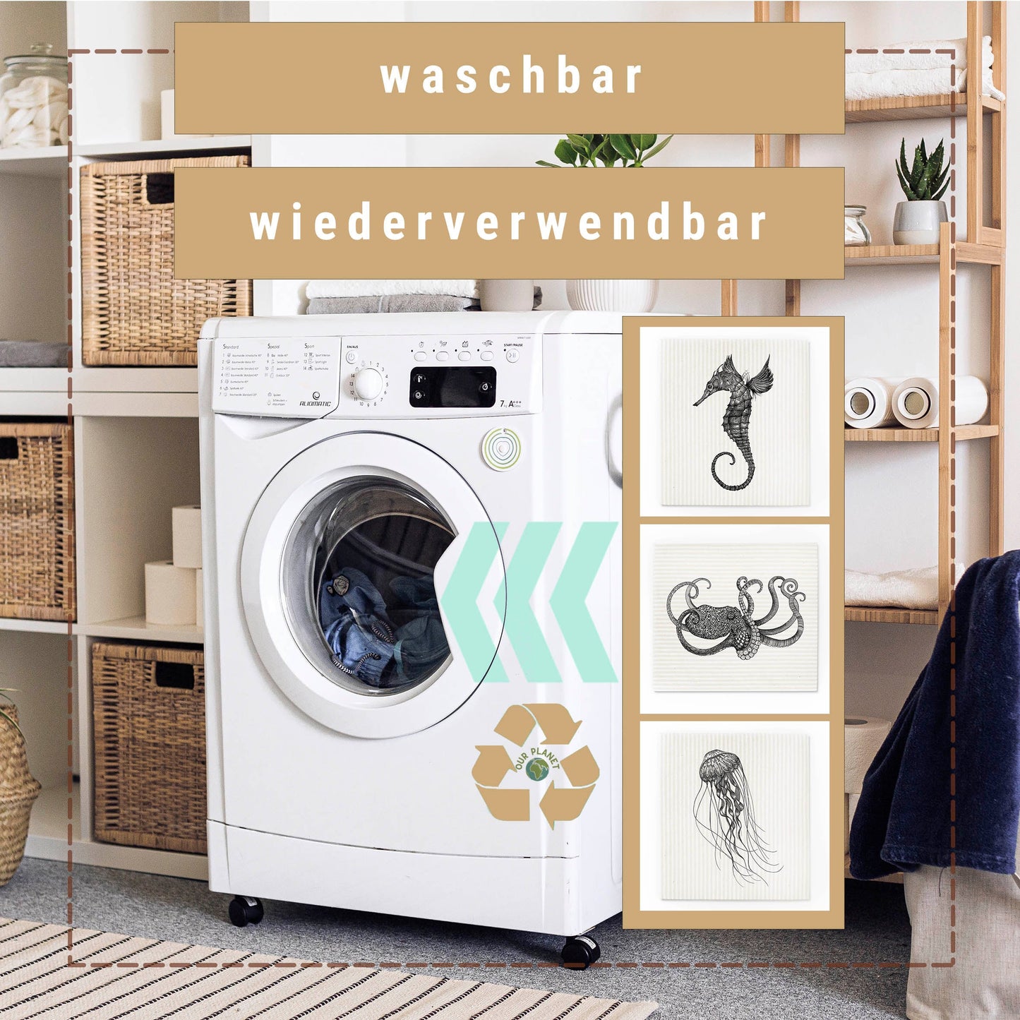 Panno spugna Zero Waste Underwater, 100% cotone/legno organico, compostabile