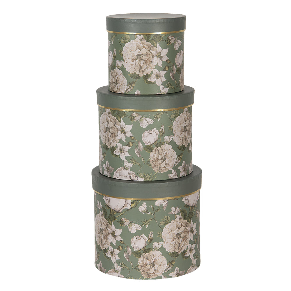 Runde Schachteln aus Pappe mit Blumenmotiv in grün, 3er Set